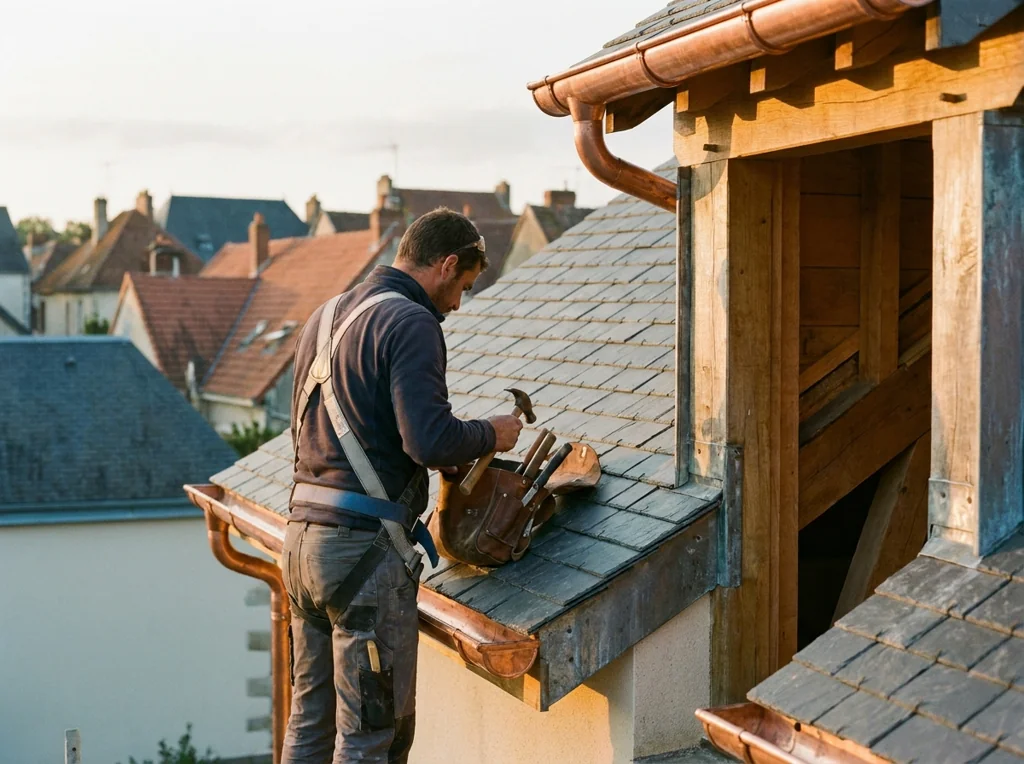 Artisan rangeant ses outils sur une toiture terminée