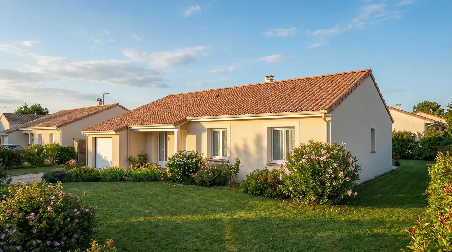 Maison française à toiture neuve en tuiles, à l'heure dorée