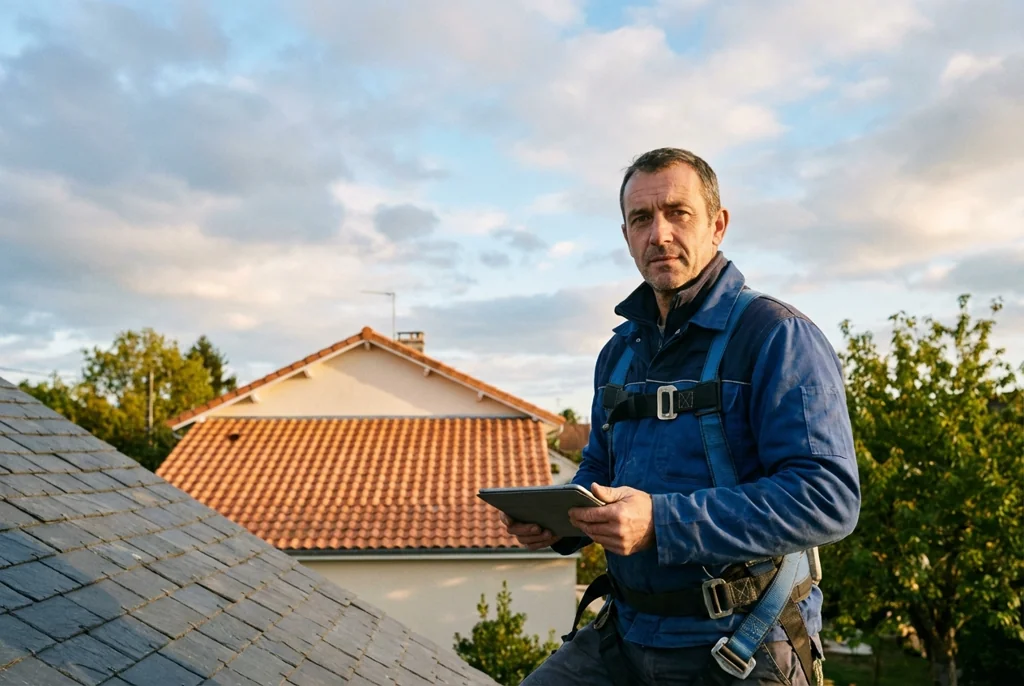 Artisan couvreur inspectant une toiture terminée