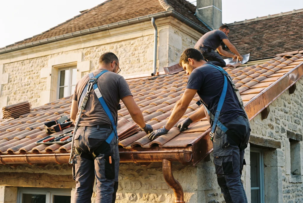 Équipe en action sur une toiture